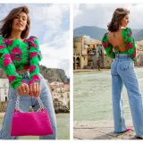 Włoski styl: crop top w kwiaty, jeansy z wysokim stanem i fuksjowa torebka. Tak ubierają się włoszki, czując się swobodnie i stylowo nad morzem.