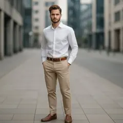 Elegancki mężczyzna w białej koszuli i beżowych spodniach, idealny przykład, jaka koszula do beżowych spodni.