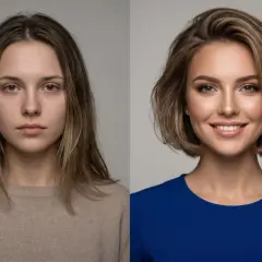 Przed i po: naturalna dziewczyna z rozpuszczonymi włosami i uśmiechnięta kobieta z krótkimi, **włosy zaczesane do tyłu damskie**, w eleganckiej sukience.