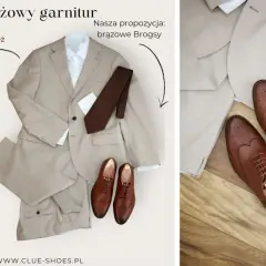 Beżowy garnitur i różne propozycje brązowych butów: Monki, Loafersy i Brogsy. Idealne buty do beżowego garnituru.