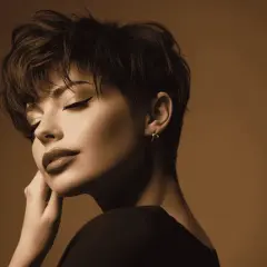 Kobieta z modnym pixie cut, z zamkniętymi oczami i dłonią przy policzku, w sepii.