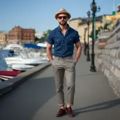 Elegancki mężczyzna w beżowym kapeluszu i okularach przeciwsłonecznych, w granatowej koszuli i szarych chinosach. Idealne buty do chinosów to ciemnobordowe oksfordy.