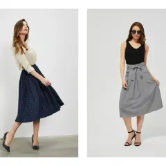 Dwie kobiety prezentują eleganckie spódnice midi. Odpowiedź na pytanie: dress code co to?