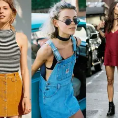 Trzy kobiety w stylizacjach inspirowanych modą lat 90 w Polsce: w sztruksowej spódniczce, ogrodniczkach i satynowej sukience.