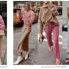 Stylizacje w odcieniach różu i beżu, inspirowane **kolorami ziemi**. Miękkie swetry, satynowe spódnice i eleganckie spodnie tworzą przytulny, jesienny look.