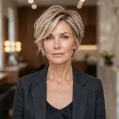 Elegancka kobieta z krótkimi włosami w stylowej marynarce, pewna siebie patrzy w obiektyw.
