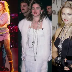 Madonna w stylizacjach z lat 80.: fioletowa spódniczka, koronkowy top, białe futro i czarna sukienka z mnóstwem biżuterii.