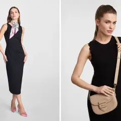 Elegancka czarna sukienka zestawiona z beżowymi butami i torebką. Idealna stylizacja na wieczór.