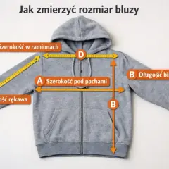 Szara bluza z kapturem. Miarka pokazuje, jak zmierzyć szerokość pod pachami (A), długość bluzy (B), długość rękawa (C) i szerokość w ramionach (D).