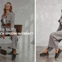 Kobieta w szarym garniturze z szerokimi spodniami i krótką marynarką, zastanawia się, jakie buty do eleganckich spodni wybrać. Prezentuje czarne lakierowane mokasyny.