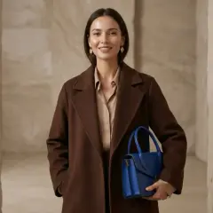 Elegancka kobieta w brązowym płaszczu i beżowej bluzce, trzymająca niebieską torebkę. Idealny przykład, jaki kolor pasuje do brązu.