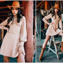 Kobieta w kapeluszu kowbojskim i beżowej sukience prezentuje stylizacje w stylu country. Uzupełniają je brązowe kowbojki.