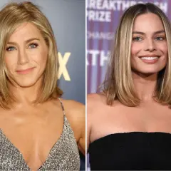 Jennifer Aniston i Margot Robbie z włosami do ramion, proste cięcie. Obie aktorki prezentują elegancki styl.
