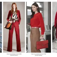 Kobiety w stylizacjach z dominującym karmazynowym kolorem. Eleganckie spodnie i marynarki w odcieniach czerwieni.