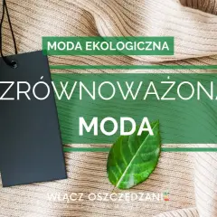 Ekologiczne tekstylia co to? Zrównoważona moda, zielony liść i czarna metka na beżowym swetrze.