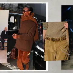 Kobieta w brązowych sztruksach i szaliku, modelka w białych sztruksach, mężczyzna w niebieskich sztruksach i beżowej kurtce.