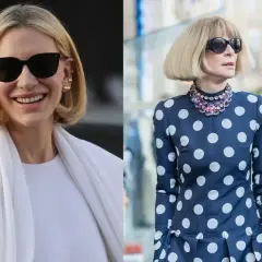 Dwie kobiety w eleganckich stylizacjach. Jedna w białej kreacji, druga w granatowej sukience w grochy. Obie mają modną francuski bob fryzurę.