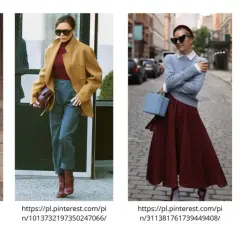 Eleganckie stylizacje w odcieniach bordo: plisowana spódnica, sweter i płaszcz.