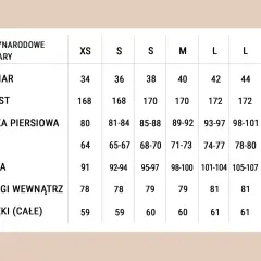 Tabela rozmiarów odzieży. Zwróć uwagę na zaniżoną rozmiarówkę, rozmiar 34 odpowiada XS, a 46 XL.