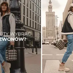 Kobieta w dzwonach i beżowych traperach, z torbą w pepitkę. Jakie buty do dzwonów? Stylizacja miejska.