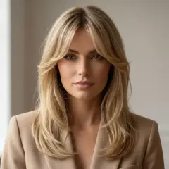Blondynka w beżowej marynarce z idealnie ułożoną grzywką, która nadaje jej twarzy subtelności. Dowiedz się, jak obciąć grzywkę żeby się dobrze układała.