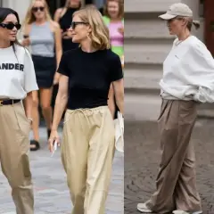 Kobieca inspiracja: jakie buty do beżowych spodni? Sneakersy i eleganckie sandały świetnie komponują się z luźnymi, beżowymi spodniami.