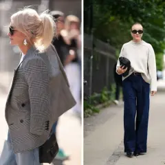 Dwie kobiety prezentują stylowe stylizacje z jeansami. Jedna w marynarce w kratę i jasnych jeansach, druga w szerokich, granatowych jeansach i beżowym swetrze.