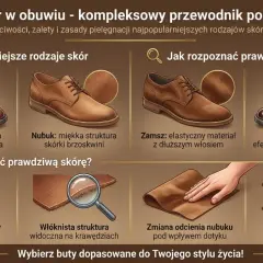 Przewodnik po rodzajach skór na cholewki obuwia: licowa, nubuk, zamsz, lakierowana. Ilustracje pokazują ich cechy i jak rozpoznać naturalną skórę.