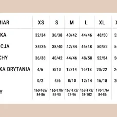 Tabela rozmiarów od XS do XXL. Rozmiar L odpowiada wymiarom 44/46 (Polska), 46/48 (Francja), 48/50 (Włochy), 16/18 (Wielka Brytania), 12/14 (USA), 168-173/98-102 (Chiny).