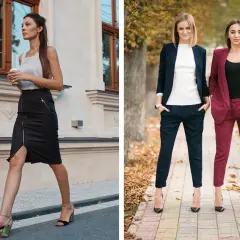Eleganckie stylizacje dla kobiet: jak się ubrać na imprezę firmową. Spódnica ołówkowa i garnitury w ciemnych kolorach.