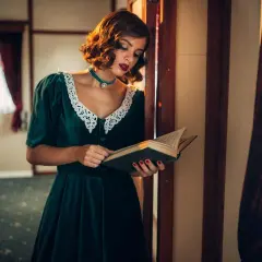 Elegancka kobieta w sukni z lat 40. XX wieku, z koronkowym kołnierzykiem, czyta książkę.