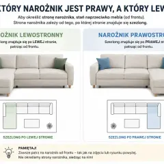 Narożnik lewostronny z szezlongiem po lewej stronie, patrząc od frontu.