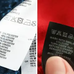 Etykiety odzieży pokazują skład: poliester, wiskoza, elastan. Wśród materiałów są też syntetyki. Obok etykiety z bawełną organiczną.