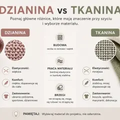 Porównanie dzianiny i tkaniny: budowa, elastyczność, komfort i zastosowanie. Dzianina jest miękka i elastyczna, tkanina stabilna.
