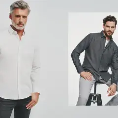 Mężczyźni w koszulach. Biała koszula o kroju regular fit, dopasowana do sylwetki. Szara koszula dżinsowa, luźniejsza.