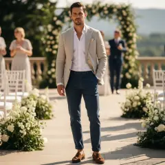 Elegancki mężczyzna na weselu bez garnituru: jasna marynarka, biała koszula, granatowe spodnie. Inspiracja, jak ubrać faceta na wesele bez garnituru.