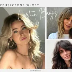 Trzy kobiety z rozpuszczonymi włosami i delikatną grzywką typu "curtain bangs".
