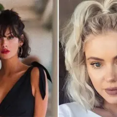 Dwie kobiety. Jedna ma ciemne, cienkie włosy do ramion z grzywką. Druga blond włosy, falowane, upięte w luźny kok.