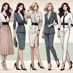 Kobiety w eleganckich, **business formal** strojach: garnitury, sukienki i płaszcze.