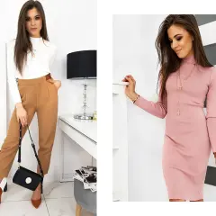 Kobieta o figurze klepsydry w eleganckich stylizacjach: biały golf i brązowe spodnie lub różowa sukienka.