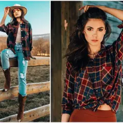Dziewczyna w kapeluszu i kraciastej koszuli, styl country. Wygodne jeansy i kowbojki dopełniają look.
