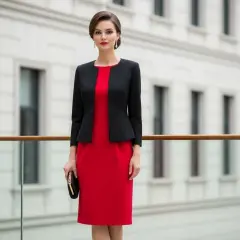 Elegancka kobieta w czerwonej sukience i czarnym żakiecie, idealny zestaw jaki żakiet do czerwonej sukienki na wesele.