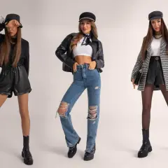 Trzy kobiety prezentują stylizacje na koncert: skórzane szorty i bluzka z frędzlami, jeansy z dziurami i ramoneska, żakiet w kratę i skórzane szorty.