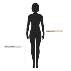 Sylwetka kobiety z zaznaczonym obwodem bioder i długością nogawki. Ilustracja pokazuje, jak się podaje wymiary.