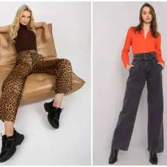 Dwie kobiety prezentują spodnie wide leg: jedna w panterkę, druga w jeansie.