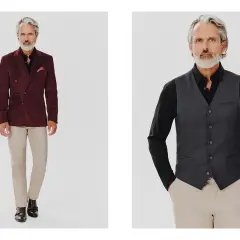 Elegancki mężczyzna w bordowym dwurzędowym garniturze i beżowych spodniach. W drugim kadrze w szarej kamizelce. To jest właśnie **slim fit co to znaczy** – dopasowany krój.