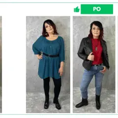 Kobieta o krępej budowie ciała prezentuje cztery stylizacje: luźny sweter i dresy, turkusową sukienkę z paskiem, ramoneskę z czerwoną bluzką i jeansy oraz czarną sukienkę maxi.