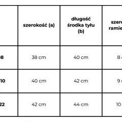 Tabela rozmiarów: rozmiar M (92/98) ma szerokość 38 cm, długość 40 cm, a szerokość ramienia 8 cm.