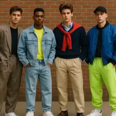 Czterech młodych mężczyzn prezentuje stylizacje w klimacie moda męska lata 80.: garnitur, jeans, sweter z krawatem i bomberka z neonowymi spodniami.