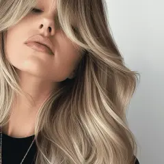 Kobieta z falowanymi blond włosami i stylową, cieniowaną grzywką. Delikatne światło podkreśla jej urodę.